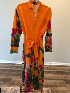 Express Orange Tropical Floral Maxi Shirt Dress